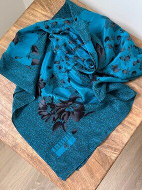Vintage GEORGIOU Teal Blue Floral Silk Blend Scarf Graphic Botanical